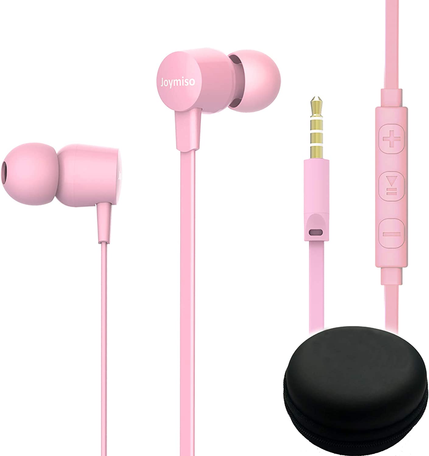 Joymiso Tangle Free Earbuds for Kids Women Small Ears with Case,  Comfortable Lightweight in Ear Headphones, Flat Cable Ear Buds Wired  Earphones with Mic and Volume Control for Cell Phone Laptop (Pink)