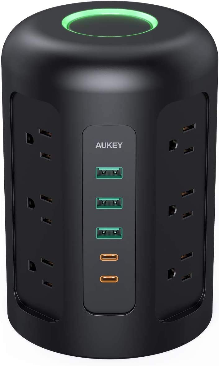 Black and More and 5ft Power Cable Charging Station for Smartphones AUKEY Power Strip Tower with 12 AC Outlets 2 USB-C Ports AirPods Pro Power Banks Tablets 3 USB Ports Laptops 