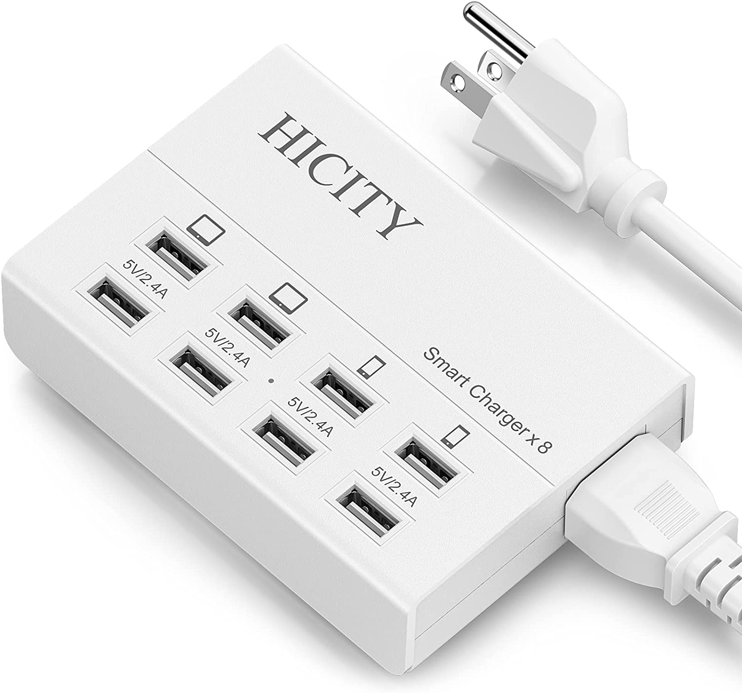 USB Charger, HICITY 50W 10A 8-Port Family-Sized Desktop USB Charging Station,  ISmart Multi USB Ports Charger Hub for Multiple Devices (5ft Detachable Cord,  White)